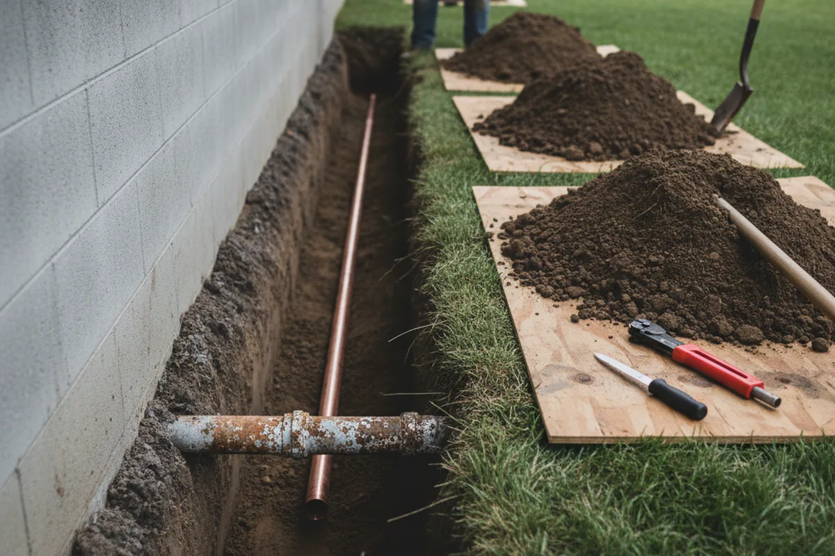 Excavated water line trench during Sewer Line Repair in Lahaina